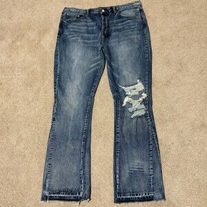 MNML Mens Super Flare Distressed Bootcut Jeans Medium Wash Blue Streetwear Sz 40